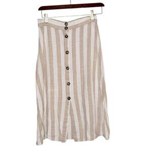 H&M Linen Blend Stripe Midi Skirt Womens 4 Button Front Coastal Cottagecore